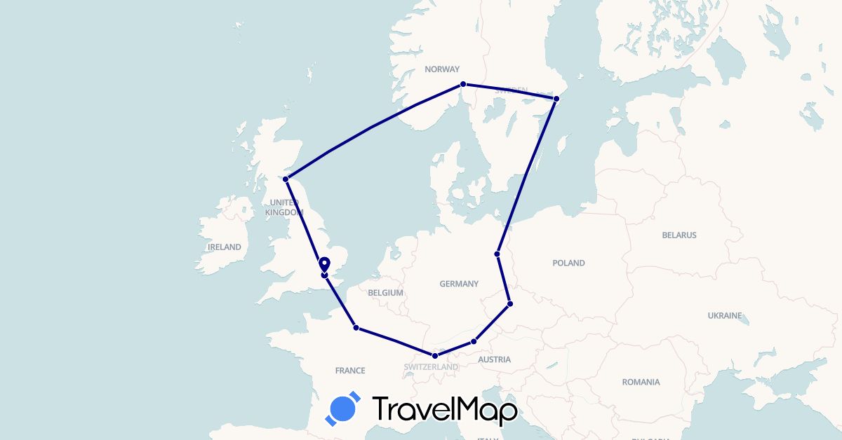 TravelMap itinerary: driving in Switzerland, Czech Republic, Germany, France, United Kingdom, Norway, Sweden (Europe)